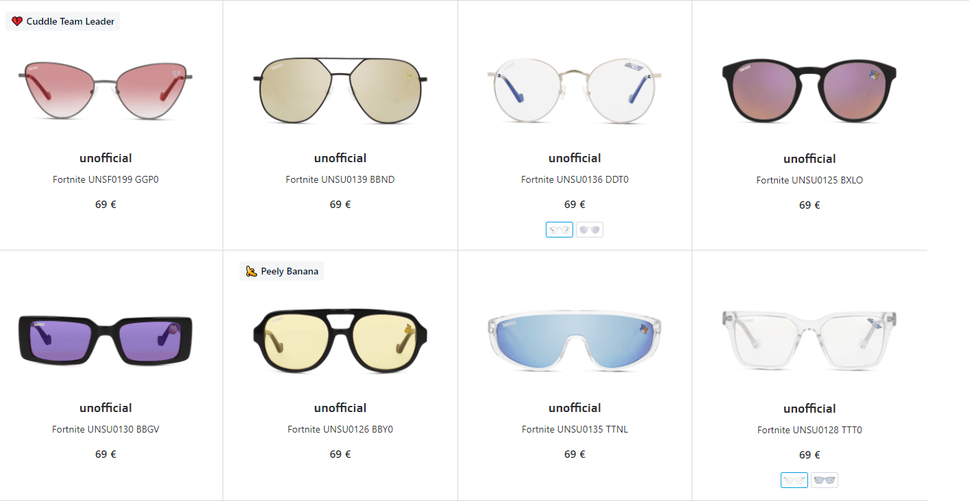 The set of 8 Fortnite sunglasses on Unofficial.